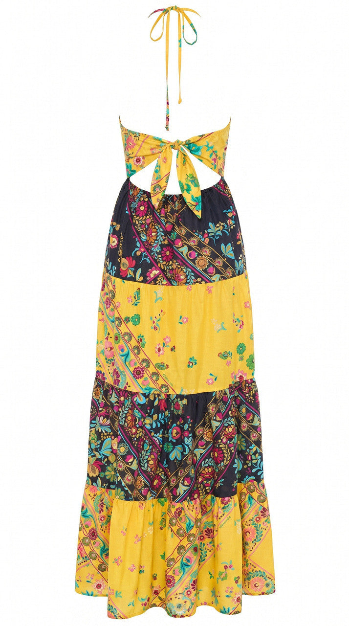 Abito lungo patchwork con balze