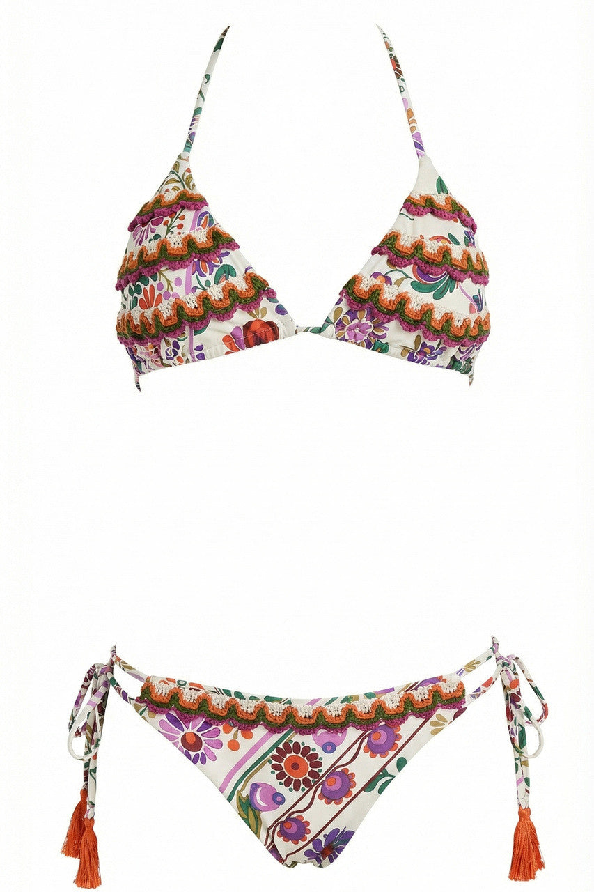 Bikini Triangolo Floreale Effetto Uncinetto con Brasiliana