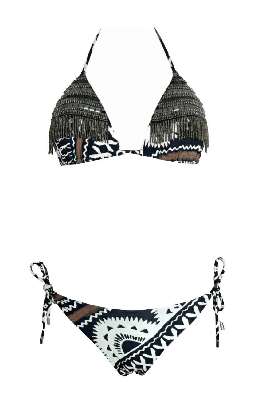 Bikini Etnico a Triangolo con Frange e Slip Regular